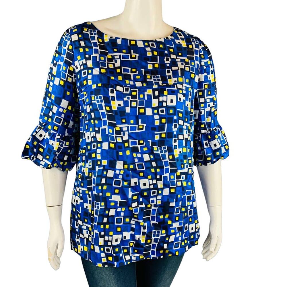 Dana Buchman Womans Sz 14 Blouse Geometric Short Sleeve Blue Back Zip Silk